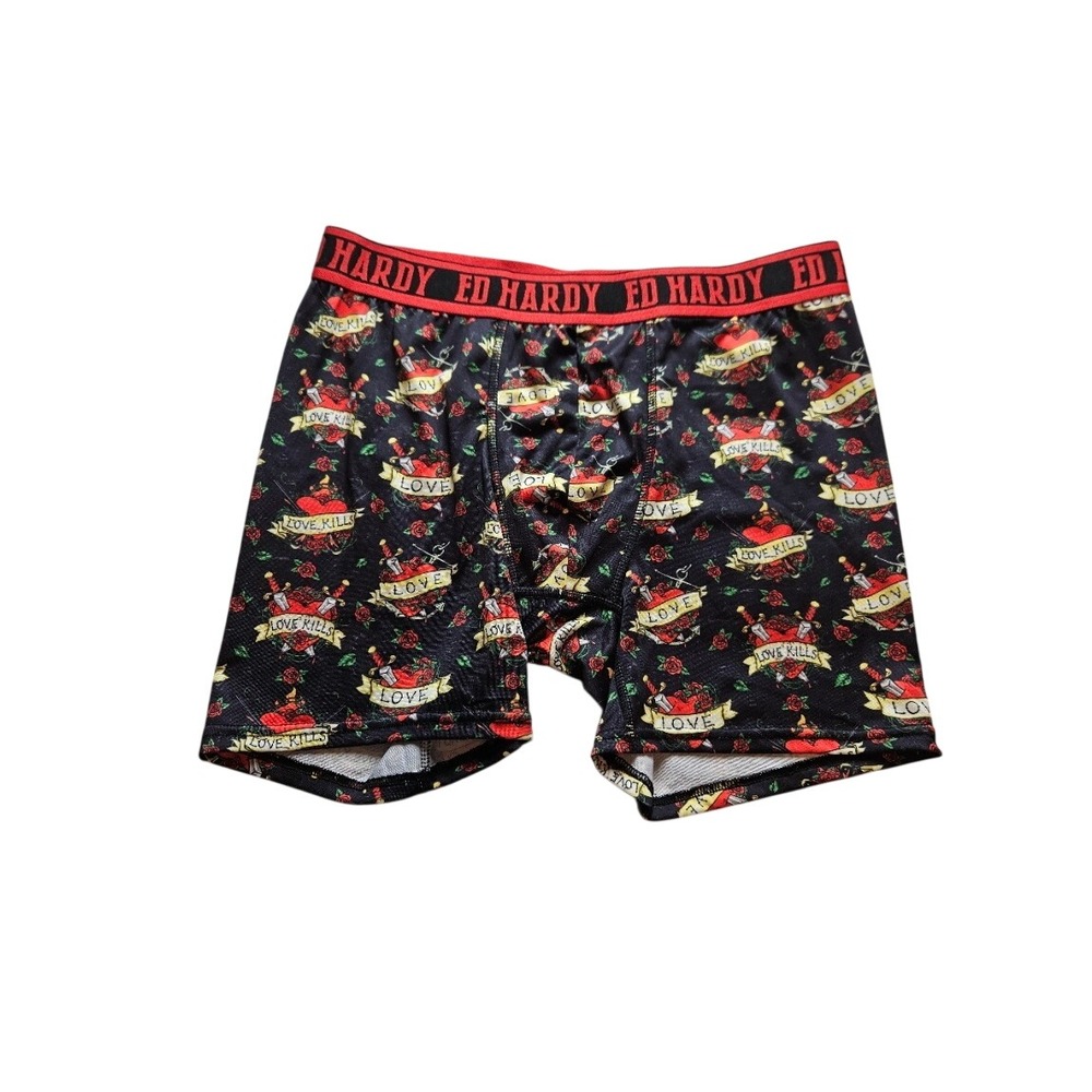 Ed Hardy Mens Boxer Briefs Love Kills Slowly Tattoo Print Black Red Mesh Y2K L